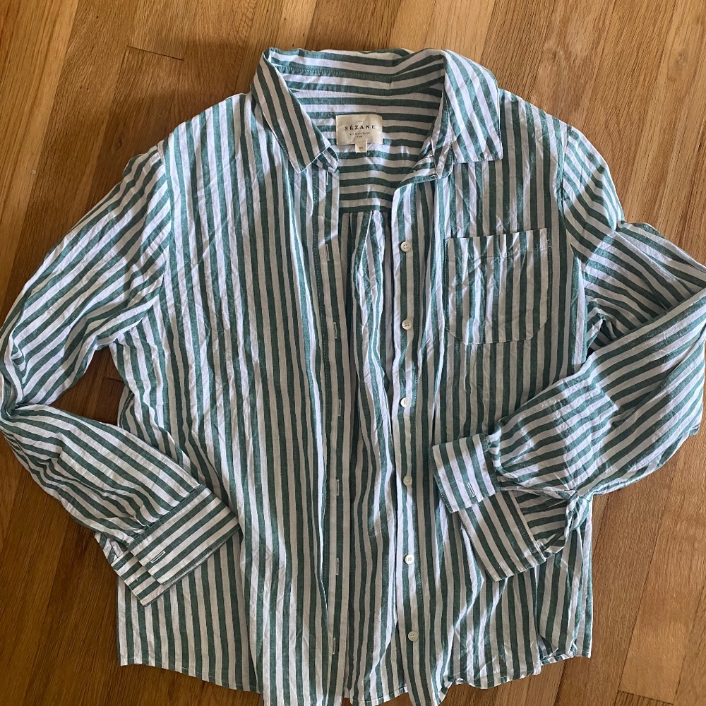 Sezane green striped button down